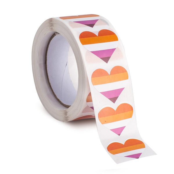 Roll of lesbian Pride heart stickers, with a strip unspooled to show repeated designs
