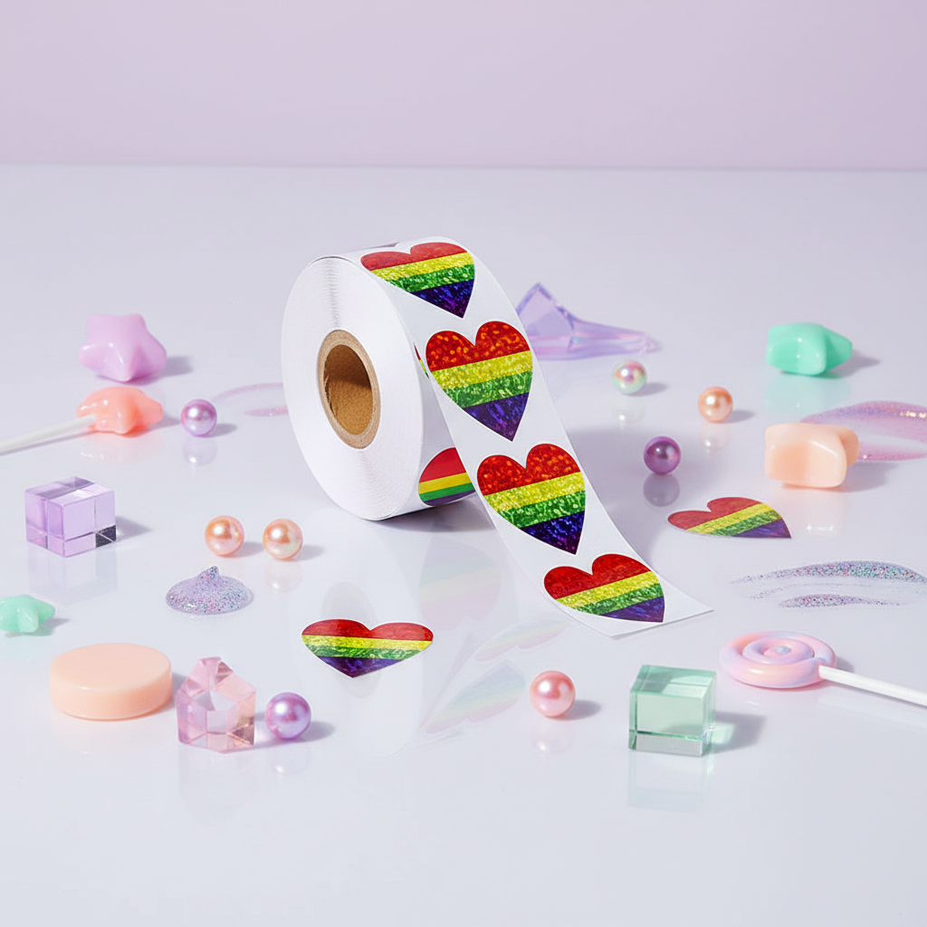 Roll of 500 LGBT Pride Heart Stickers with glittery hearts, on a glossy surface, pastel beads, iridescent decor