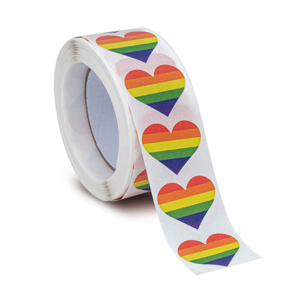 Roll of rainbow-striped heart stickers with a strip unrolling onto a white background