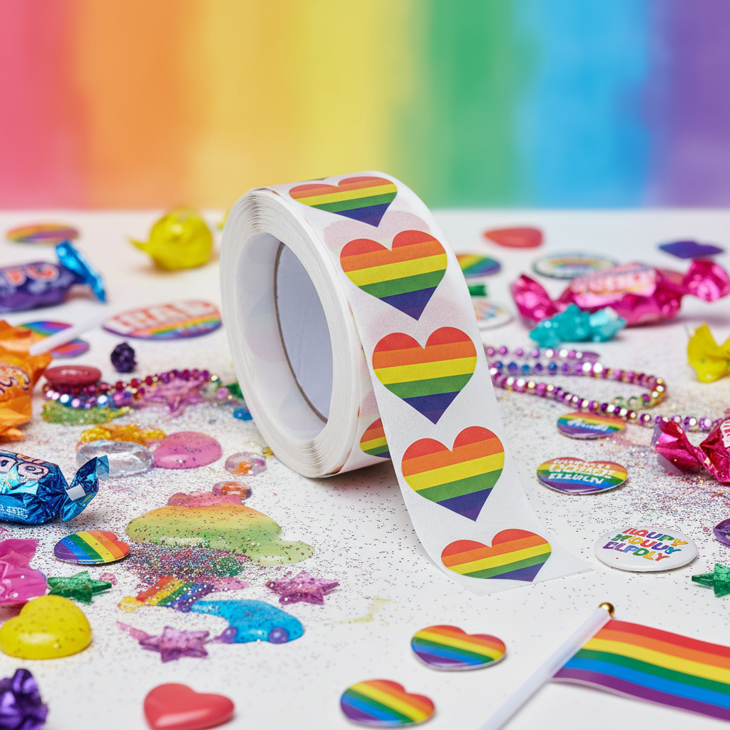 Roll of 500 LGBT Pride heart stickers on white surface, surrounded by colorful candies, beads