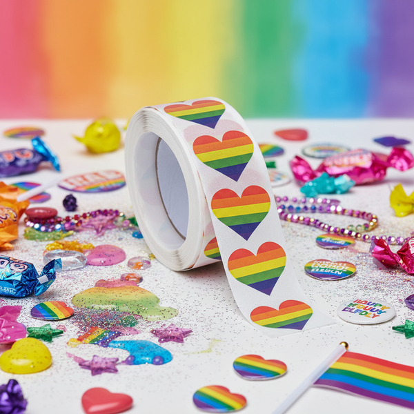 Roll of 500 LGBT Pride heart stickers on white surface, surrounded by colorful candies, beads
