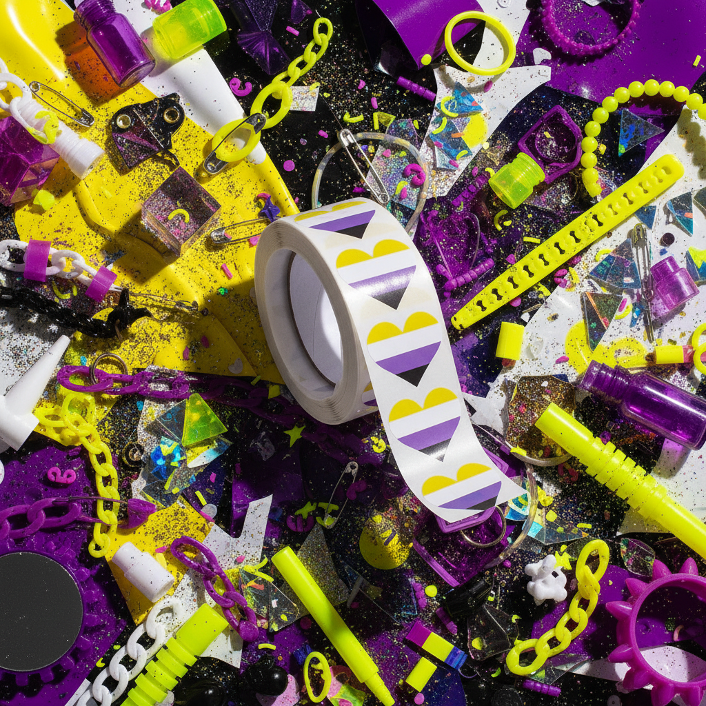 Roll of 500 Non-Binary Pride Heart Stickers, surrounded by neon yellow, purple, and white craft supplies—tape, beads