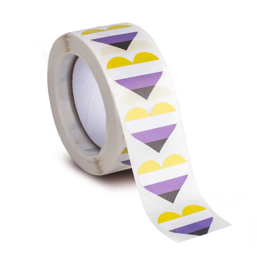 Roll of non-binary pride heart stickers with a strip unrolled on a white background