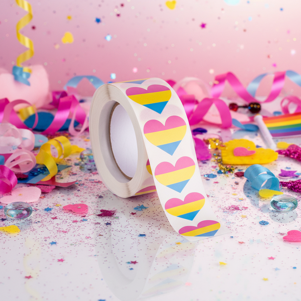 Roll of 500 Pansexual Pride heart stickers on a glittery, rainbow surface with confetti, ribbons, and beads