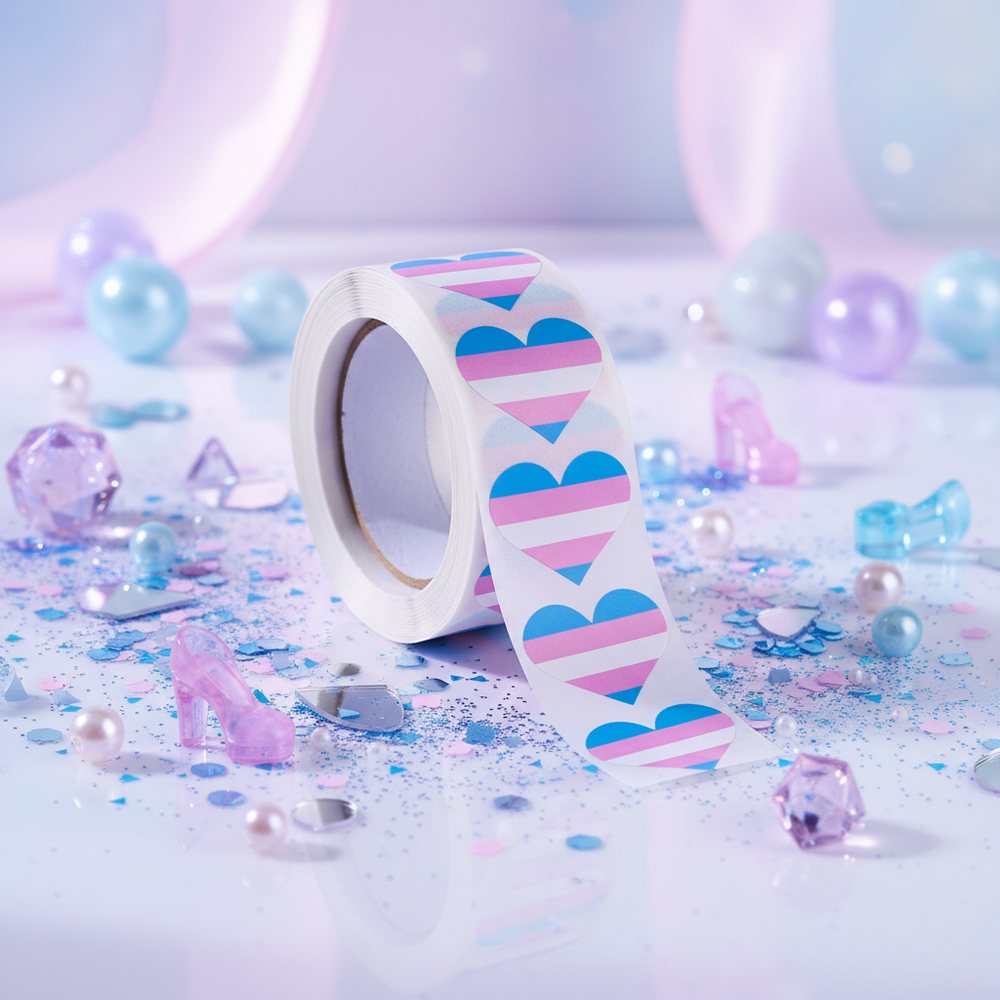 Roll of 500 Transgender Pride heart stickers with pastel beads, glitter, gems