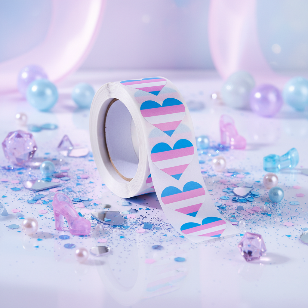 Roll of 500 Transgender Pride heart stickers with pastel beads, glitter, gems