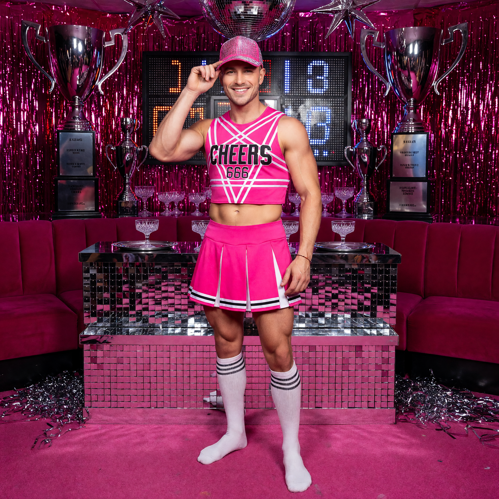 Adult model wearing the hot-pink CHEERS 666 cropped top and matching pleated skirt, styled with a rhinestone cap and striped white socks in a disco trophy-room setting.