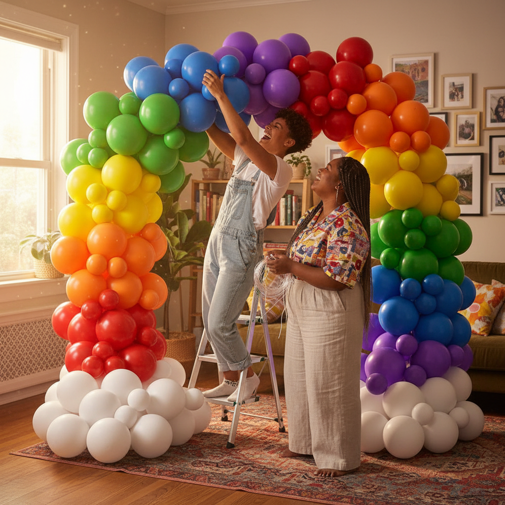 Two women assemble a 7-color rainbow latex balloon arch for an LGBTQ+ celebration in a bright living room with framed photos.