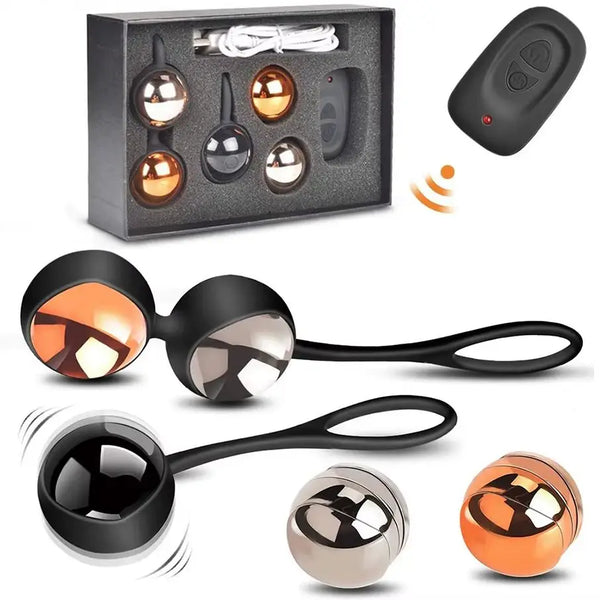 9 Waves Of Pleasure Kegel Vibrator: black loop-handled exercisers with metallic spheres, remote and storage box.