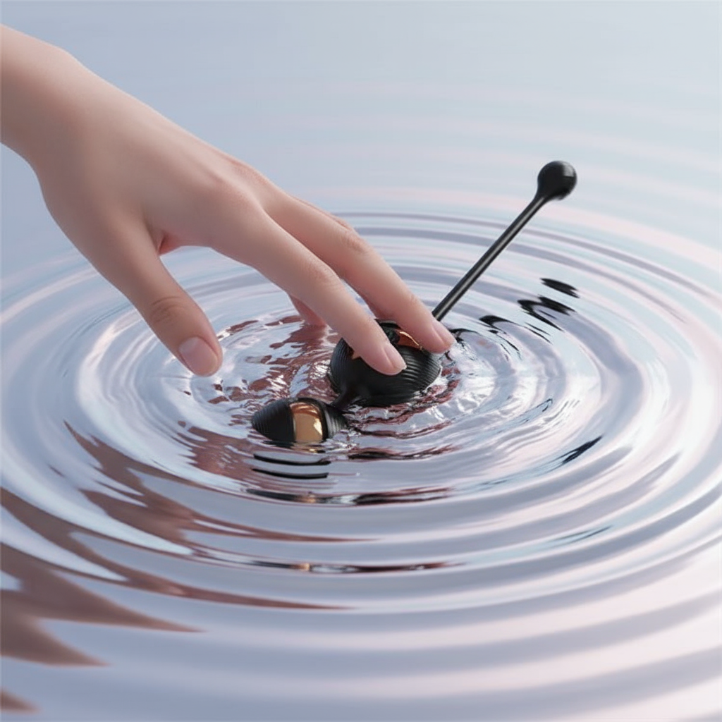 Hand touching a black-and-gold kegel vibrator partially submerged in rippling water