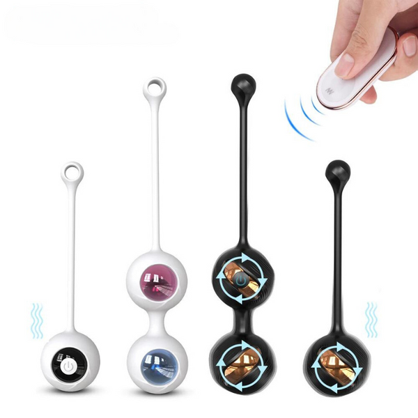 White and black double-ball kegel vibrators shown with a handheld remote and vibration graphics