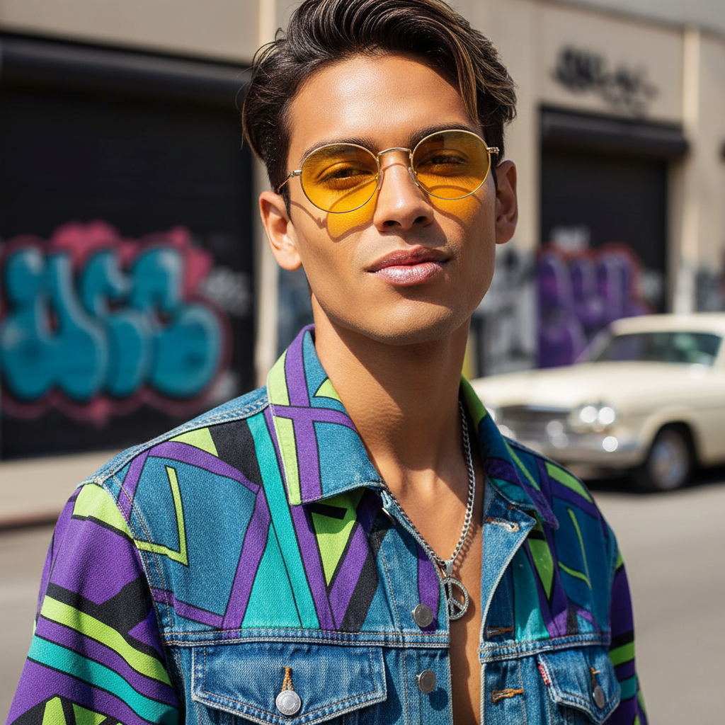 Close-up of a person wearing yellow oval sunglasses and a colorful patterned denim jacket