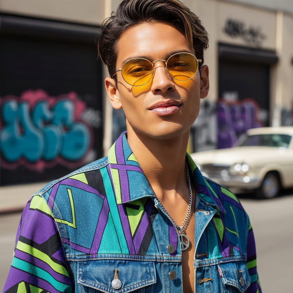 Close-up of a person wearing yellow oval sunglasses and a colorful patterned denim jacket