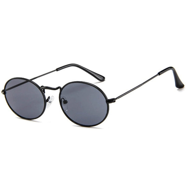 Black round sunglasses with dark gray lenses, shown at an angle on a white background