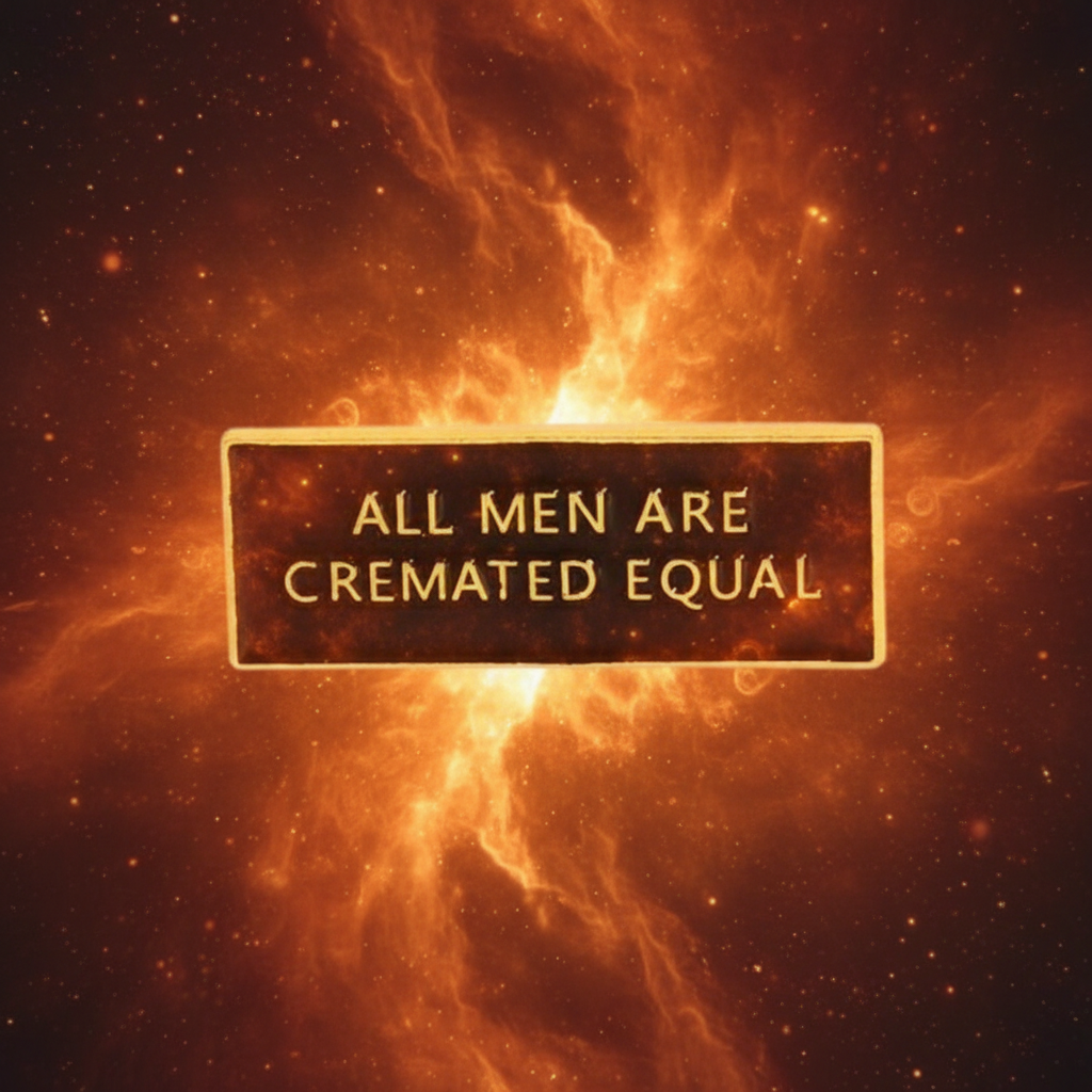 Enamel pin titled All Men Are Cremated Equal on fiery cosmic nebula background, showcasing bold, queer pride and self-expression with gold-bordered plaque, embodying empowerment and visibility from Queer In The World: The Shop.