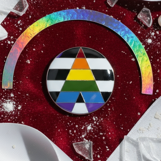 Straight Ally Pride Badge featuring a vibrant rainbow triangle over black-and-white bars. Set on red velvet with scattered glitter, this badge empowers self-expression and pride for allies.