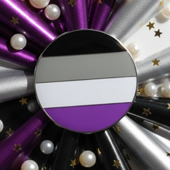 Asexual Pride Badge featuring bold black and muted purple geometric petals surrounding a central emblem with horizontal stripes in asexual pride colors, embodying empowerment and proud self-expression.
