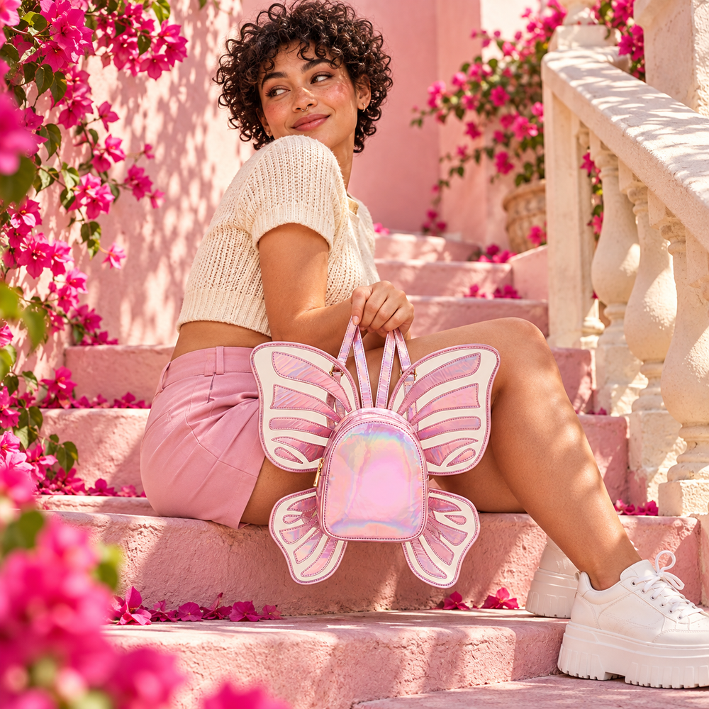 Fairycore Butterfly Backpack, Rosy Cocoon — product styled in an editorial setting.
