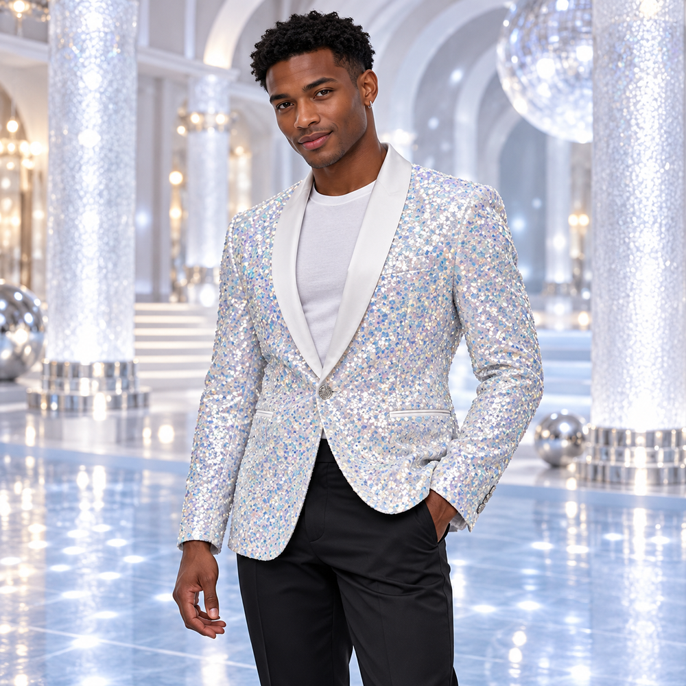 Silver Spectrum Sparkle Night Club Men's Jacket, Single design — product styled in an editorial setting.