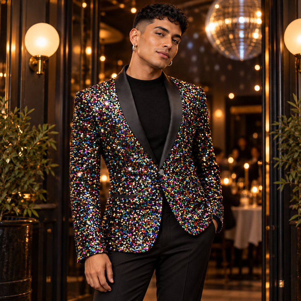 Glitter Spectrum Sparkle Night Club Men's Jacket, Single design — product styled in an editorial setting.