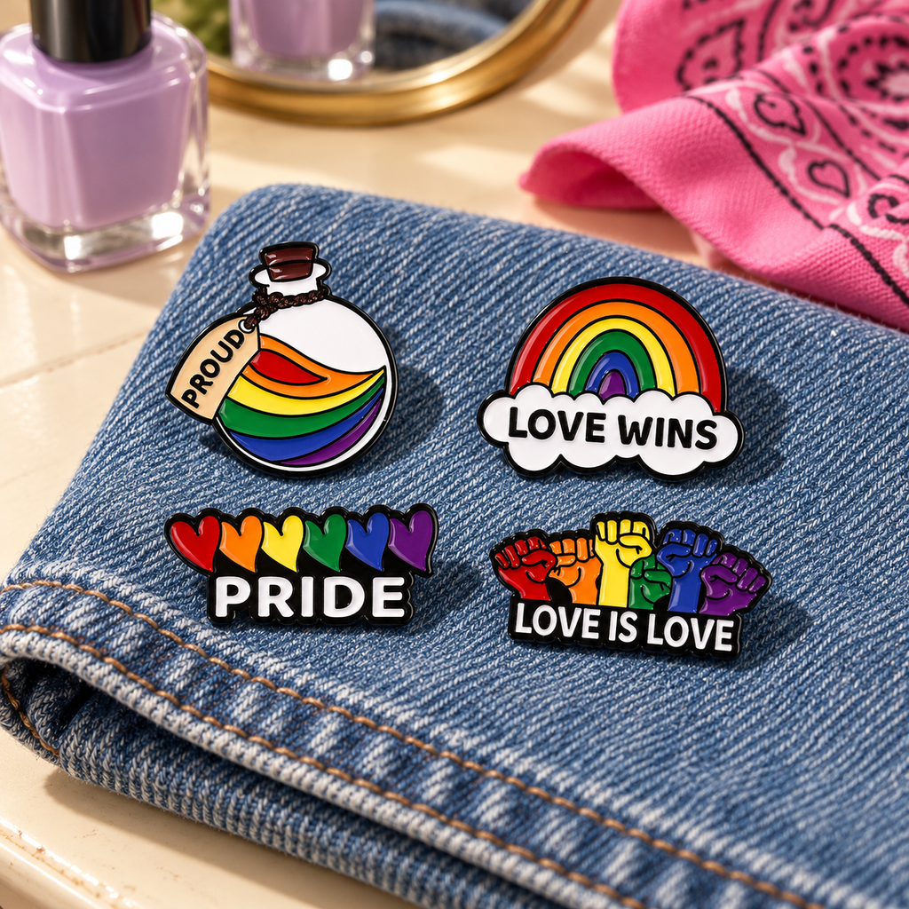 Four rainbow pride enamel pins displayed on folded denim beside cosmetics.