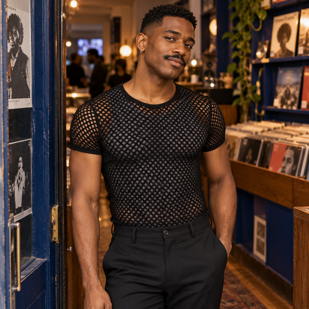 Man wearing a black short-sleeve mesh T-shirt in a record shop.