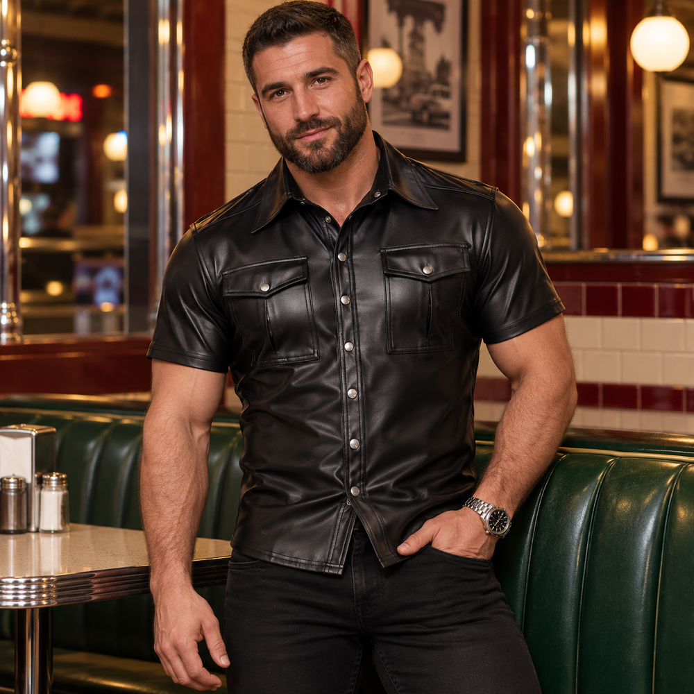 Man wearing a black faux-leather short-sleeve shirt with zip pockets.