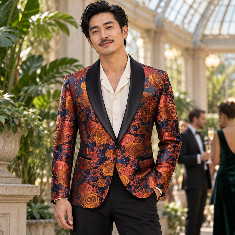 Man wearing an orange floral blazer with a light satin lapel.