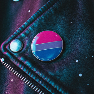 Bisexual Pride Badge on a black leather jacket, featuring magenta, lavender, and royal blue stripes. The badge radiates bold queer energy, celebrating visibility and self-expression. Metal zipper and snap add edgy flair.