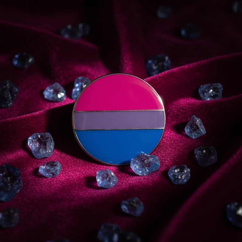 Bisexual Pride Badge: A round enamel pin with the bisexual-pride flag atop rich velvet, surrounded by sparkling glass-like nuggets, symbolizing joyful queer empowerment and prideful self-expression.