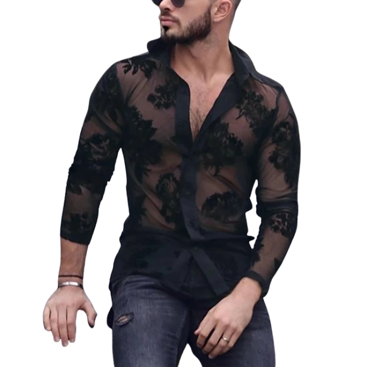 Black Lace See Through Long Sleeve Shirt