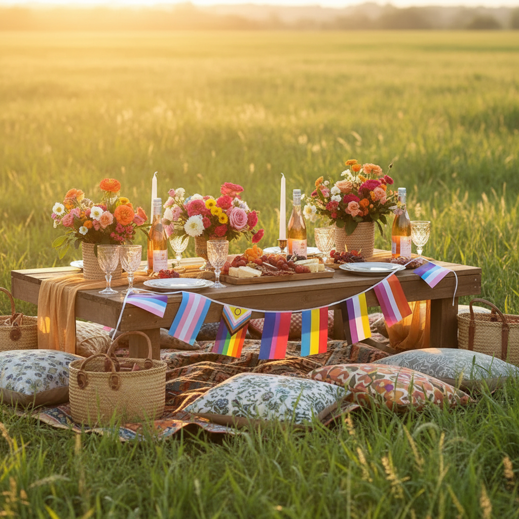 The Boldly Celebrating LGBTQ+ Flag Garland drapes across the boho picnic table, adorned with colorful charcuterie, rosé, candles, and flowers, embodying queer pride and joy in a picturesque meadow setting.