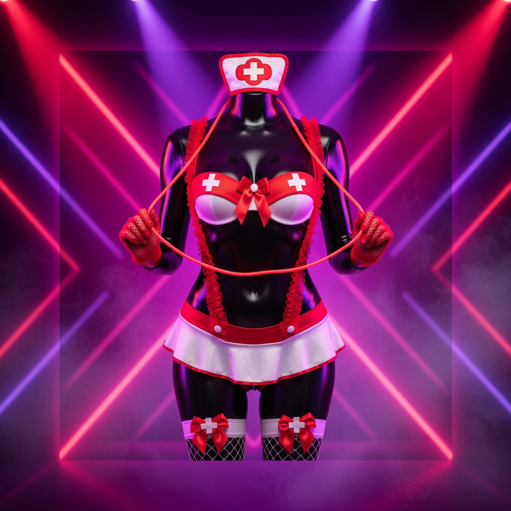 Sweet But Sinful Nurse Roleplay Outfit on a glossy black mannequin, white and red with cross bra, set amid pink-purple neon lights.