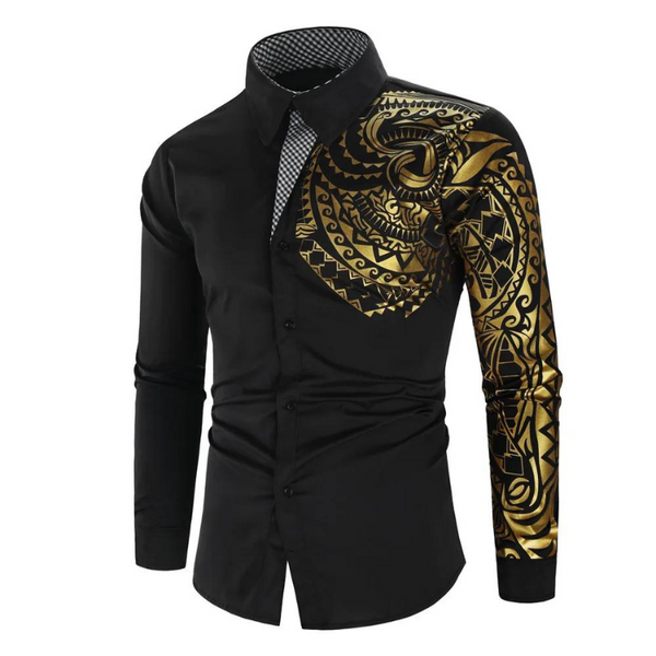 Bronzing Totem Long Sleeve Shirt: Black button-up with a striking metallic-gold tribal design on the left shoulder and sleeve, featuring a checkered inner collar for bold queer self-expression and empowerment.