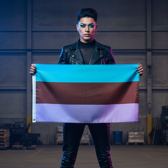 An androgynous individual in a black leather jacket holds an Androsexual Pride Flag with sky-blue, deep brown, and pale lavender stripes, embodying bold queer energy and self-expression in an industrial setting.