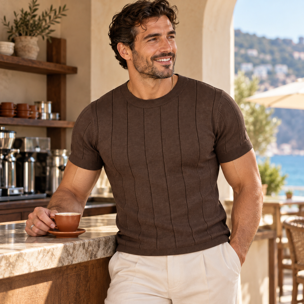 Summer Casual Slim Fit Knitted T-Shirts — Brown worn by a model.
