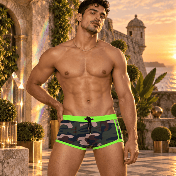 Model wearing camouflage swim shorts with neon green trim and drawstring