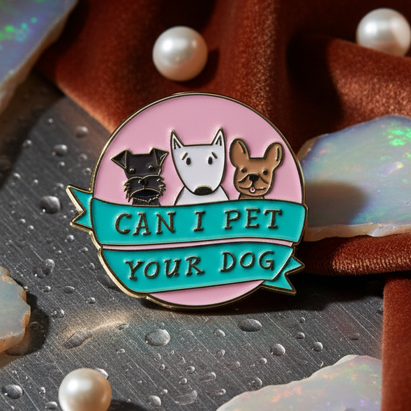 Can I Pet Your Dog Enamel Pin: Round pin featuring three cartoon dog heads and a prideful message, set among opal shards, pearls, velvet, and a glowing candle. Celebrate LGBTQIA+ pride and self-expression.