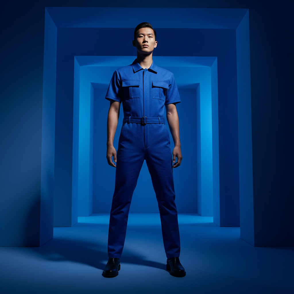 Casual men's short-sleeve jumpsuit with belt, worn confidently amid bold blue geometric walls and moody lighting, serving queer future.