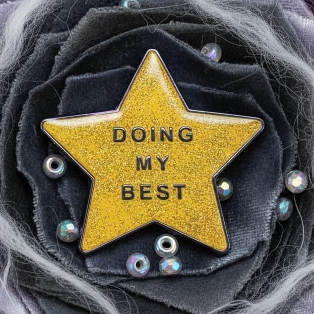 Gold star-shaped pin with glitter, stamped “DOING MY BEST,” resting on dark fabric with iridescent beads. A bold enamel pin celebrating pride and self-expression from Queer In The World.