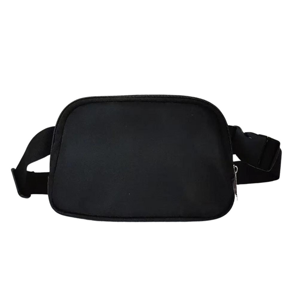 Black Fanny Pack Adventure Buddy with zippered front pouch and adjustable strap. Crafted from durable nylon, it celebrates queer pride and self-expression, perfect for stylish, hands-free adventures.