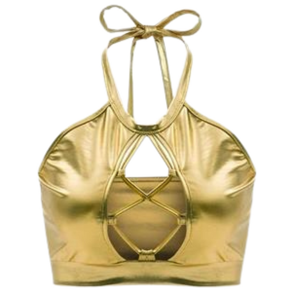 Fierce Sparkle Halter Top: A women’s metallic-gold crop top with a tie neck, keyhole cut-out, and crisscross lace-up detail, embodying bold, sexy, and empowering queer pride energy.