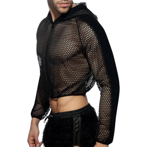 Black Fishnet Mesh Crop Hoodie by Queer In The World sold by Queer In The World: The Shop - LGBT Merch Fashion