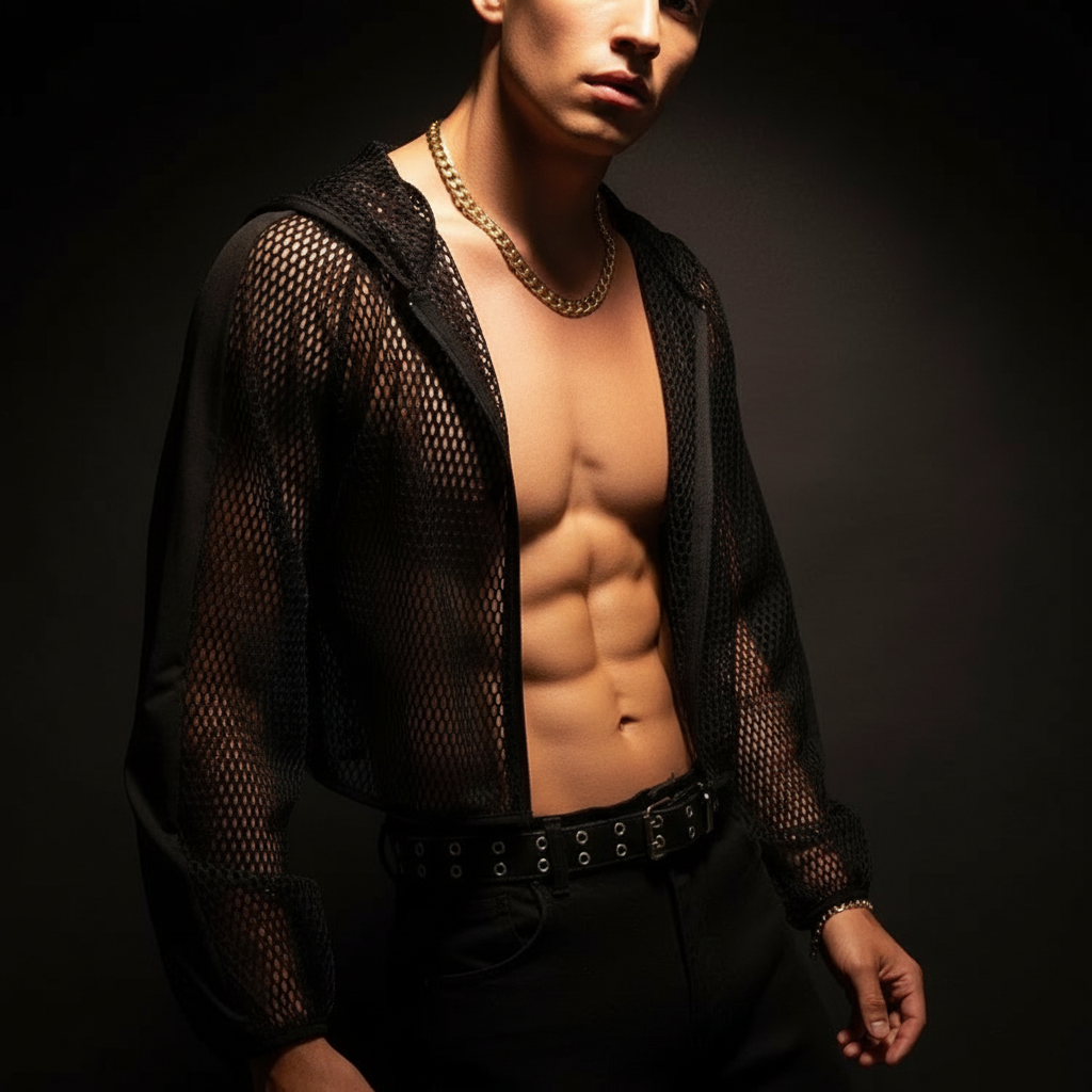 A fit young man models the Fishnet Mesh Crop Hoodie, showcasing its bold mesh texture and open design. The hoodie, with a front zipper and hood, embodies daring queer style and self-expression.