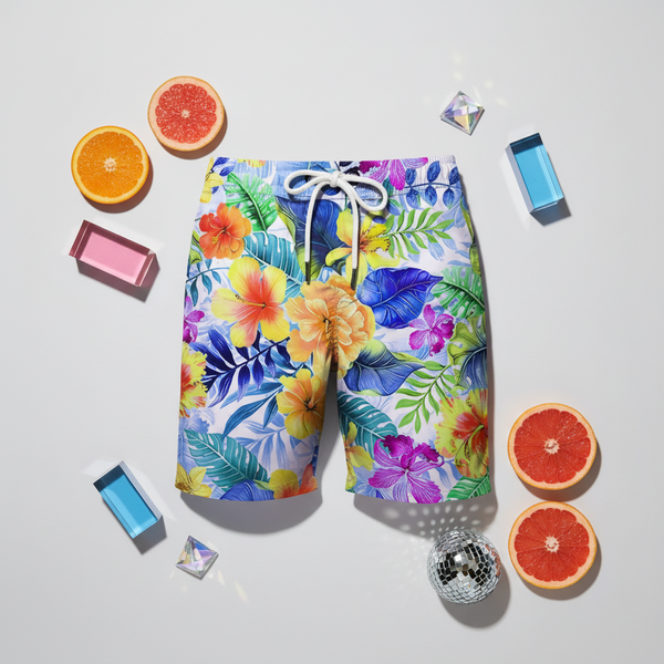Flat lay of colorful tropical floral board shorts with a white drawstring