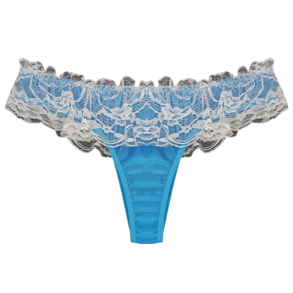 For Queer Kings Who Love Lace Thongs: Bright blue thong with white floral lace ruffle, embodying bold, regal style and queer empowerment.