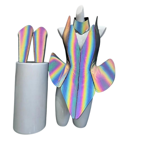 Futuristic Dancewear Reflective Performance Costume features a holographic, form-fitting vest with petal-like panels and matching knee-high boots, showcasing bold self-expression and empowerment for a dazzling, queer identity.