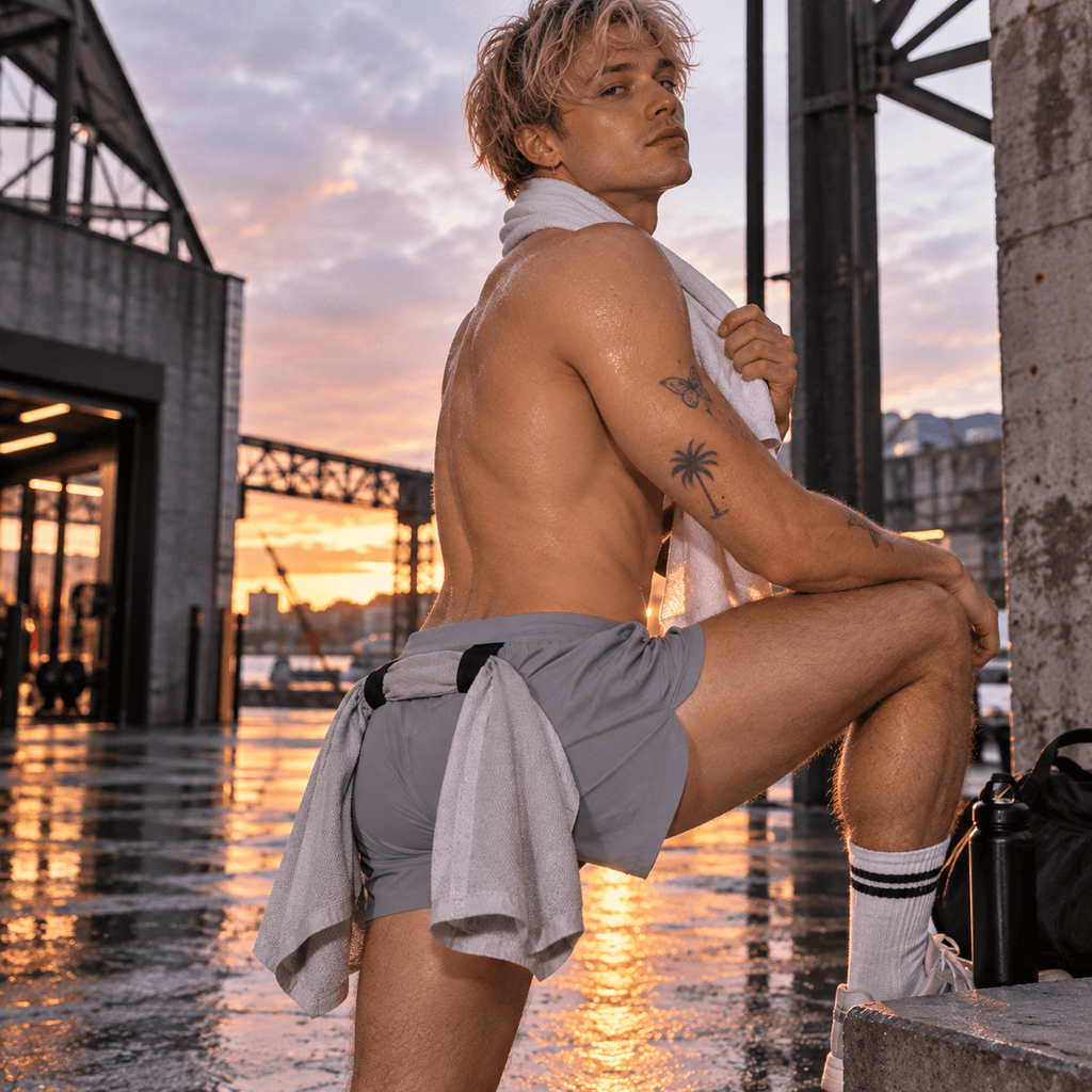 Gray gym shorts with a white sweat towel held at the waistband, worn by a model outdoors