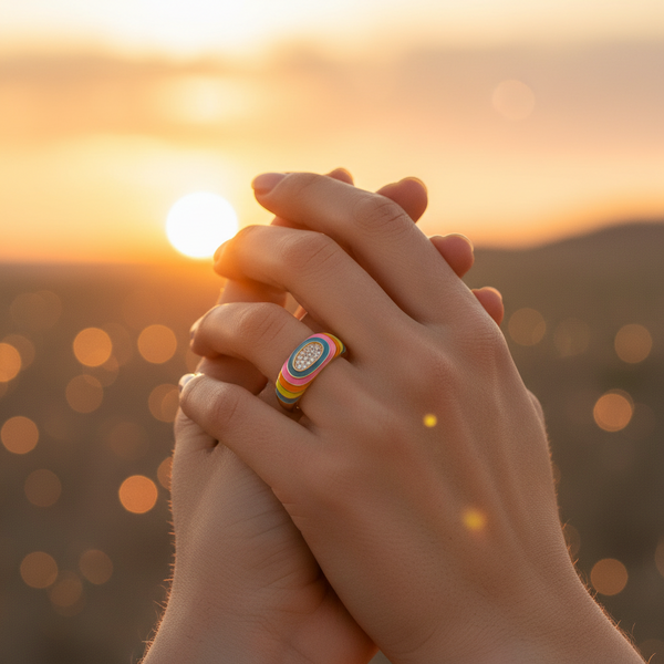 Two hands clasped, one adorned with Gay Rainbow Embrace Rings, featuring rainbow-hued cubic zirconia, symbolizing pride and self-expression. The rings glimmer against a warm, intimate sunset backdrop.