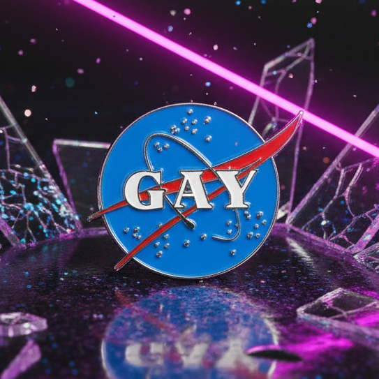 GAY NASA Enamel Pin features a blue circular field with a red swoosh and GAY in white. Perfect for celebrating queer pride and space exploration, it's a bold statement of empowerment and self-expression.